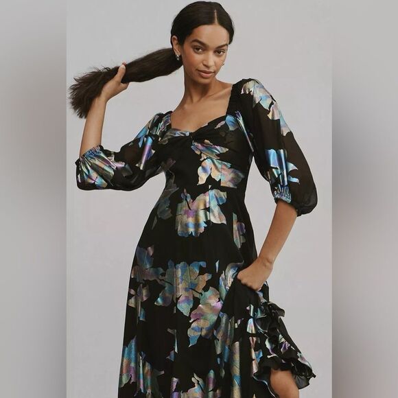 Anthropologie Hutch Puff-Sleeve Twist Iridescent Midi Dress/  XS - Picture 4 of 9